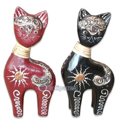 Wooden Cat With Painted, Hand Carved From Albesia Wood