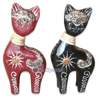 Wooden Cat With Painted, Hand Carved From Albesia Wood