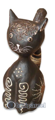 Wooden Cat With Painted, Hand Carved From Albesia Wood