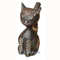 Wooden Cat With Painted, Hand Carved From Albesia Wood