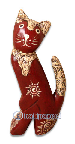 Wooden Cat With Painted, Hand Carved From Albesia Wood