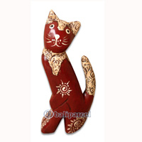 Wooden Cat With Painted, Hand Carved From Albesia Wood