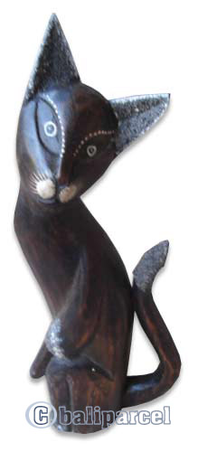 Wooden Cat With Painted, Hand Carved From Albesia Wood