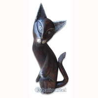Wooden Cat With Painted, Hand Carved From Albesia Wood