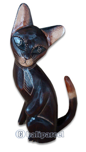 Wooden Cat With Painted, Hand Carved From Albesia Wood