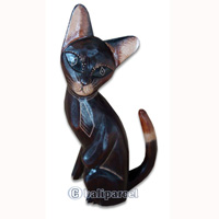 Wooden Cat With Painted, Hand Carved From Albesia Wood