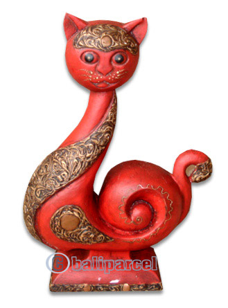 Wooden Cat With Painted, Hand Carved From Albesia Wood