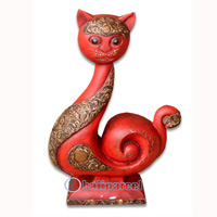 Wooden Cat With Painted, Hand Carved From Albesia Wood