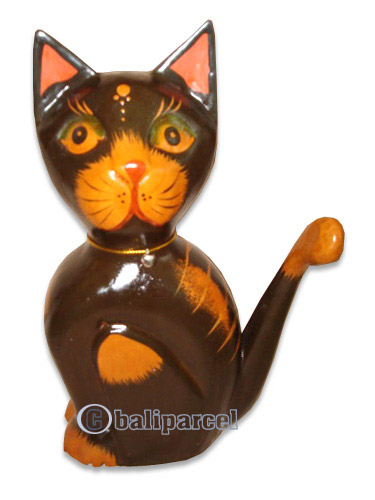 Wooden Cat With Painted, Hand Carved From Albesia Wood