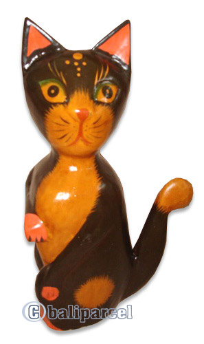 Wooden Cat With Painted, Hand Carved From Albesia Wood