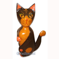 Wooden Cat With Painted, Hand Carved From Albesia Wood