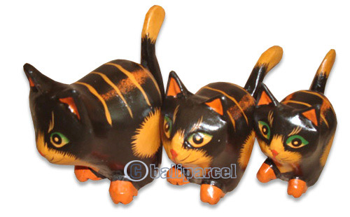 Wooden Cat Set Of 3 With Painted, Hand Carved From Albesia Wood