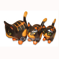 Wooden Cat Set Of 3 With Painted, Hand Carved From Albesia Wood