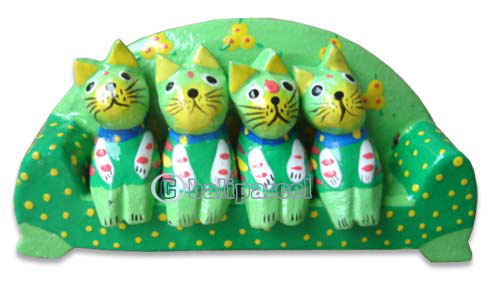 Wooden Cat With Painted, Hand Carved From Albesia Wood