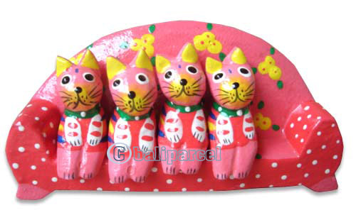Wooden Cat With Painted, Hand Carved From Albesia Wood