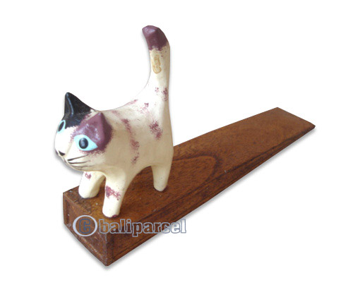 Wooden Door Stoper Cat, Hand Carved From Albesia Wood