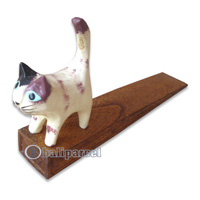 Wooden Door Stoper Cat, Hand Carved From Albesia Wood