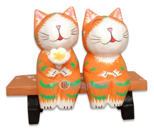 Wooden Cat With Painted, Hand Carved From Albesia Wood
