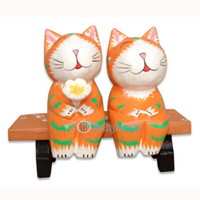 Wooden Cat With Painted, Hand Carved From Albesia Wood