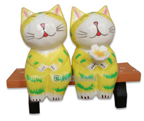Wooden Cat With Painted, Hand Carved From Albesia Wood