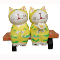 Wooden Cat With Painted, Hand Carved From Albesia Wood