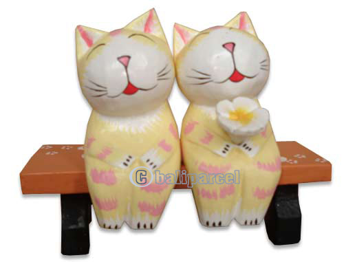 Wooden Cat With Painted, Hand Carved From Albesia Wood