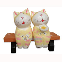 Wooden Cat With Painted, Hand Carved From Albesia Wood