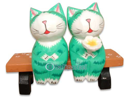 Wooden Cat With Painted, Hand Carved From Albesia Wood
