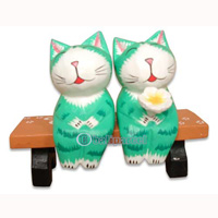 Wooden Cat With Painted, Hand Carved From Albesia Wood