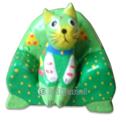 Wooden Cat With Painted, Hand Carved From Albesia Wood