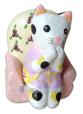 Wooden Cat With Painted, Hand Carved From Albesia Wood