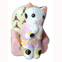 Wooden Cat With Painted, Hand Carved From Albesia Wood