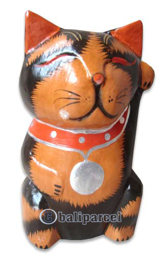 Wooden Cat With Painted, Hand Carved From Albesia Wood