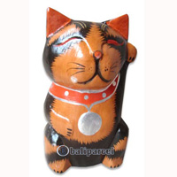 Wooden Cat With Painted, Hand Carved From Albesia Wood