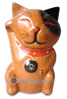 Wooden Cat With Painted, Hand Carved From Albesia Wood
