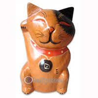 Wooden Cat With Painted, Hand Carved From Albesia Wood