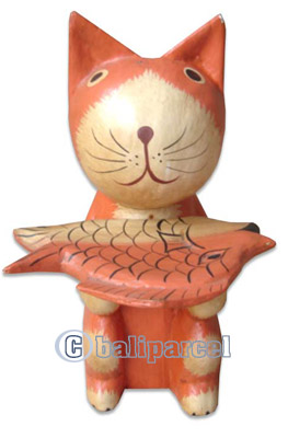 Wooden Cat With Painted, Hand Carved From Albesia Wood