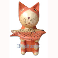 Wooden Cat With Painted, Hand Carved From Albesia Wood