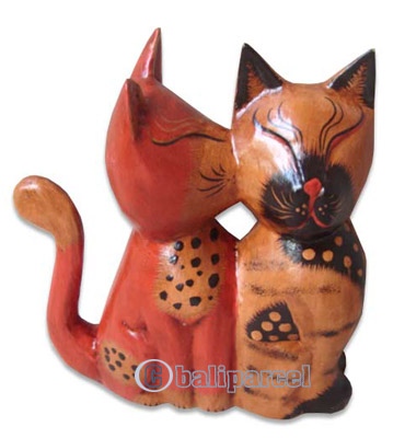 Wooden Cat With Painted, Hand Carved From Albesia Wood