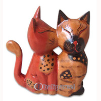 Wooden Cat With Painted, Hand Carved From Albesia Wood