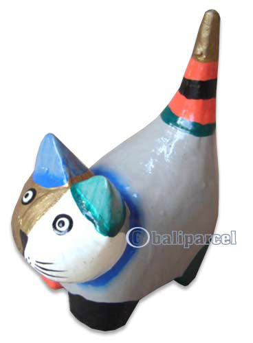 Wooden Cat With Painted, Hand Carved From Albesia Wood