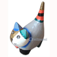 Wooden Cat With Painted, Hand Carved From Albesia Wood