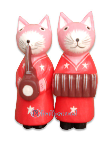 Wooden Cat Set Of 2 With Painted, Hand Carved From Albesia Wood
