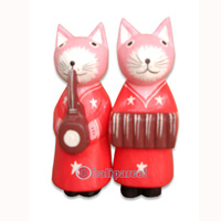 Wooden Cat Set Of 2 With Painted, Hand Carved From Albesia Wood