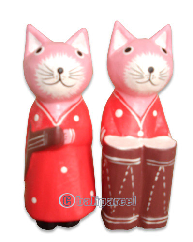 Wooden Cat Set Of 2 With Painted, Hand Carved From Albesia Wood