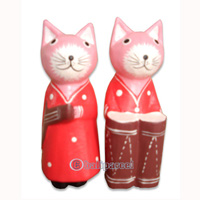 Wooden Cat Set Of 2 With Painted, Hand Carved From Albesia Wood