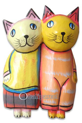 Wooden Cat With Painted, Hand Carved From Albesia Wood