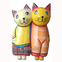 Wooden Cat With Painted, Hand Carved From Albesia Wood
