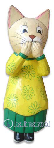 Wooden Cat With Painted, Hand Carved From Albesia Wood