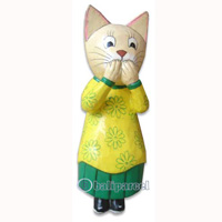 Wooden Cat With Painted, Hand Carved From Albesia Wood